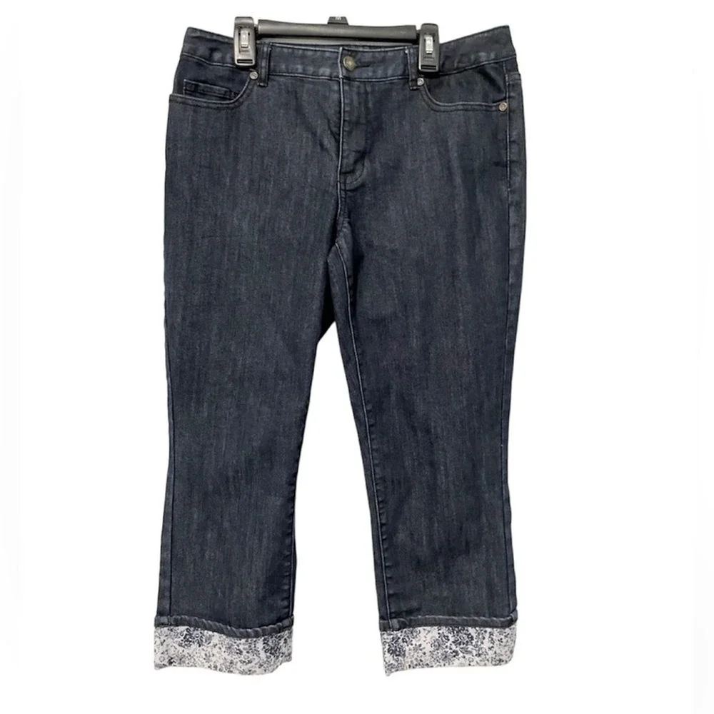 Coldwater Creek Natural Fit Dark Wash Floral‎ Cuff Capri Jeans Womens Size 8